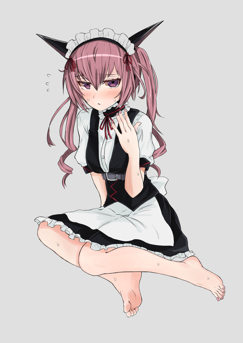 1girl absurdres akiha_rumiho animal_ears barefoot belt blush buckle cat_ears commentary_request dress eyebrows_visible_through_hair frilled_dress frills full_body grey_background hand_up highres kahlua_(artist) legs_together long_hair looking_at_viewer maid maid_headdress nail_polish pink_hair purple_eyes red_neckwear ribbon shiny shiny_hair short_sleeves simple_background sitting soles solo steins;gate sweat sweatdrop twintails waitress