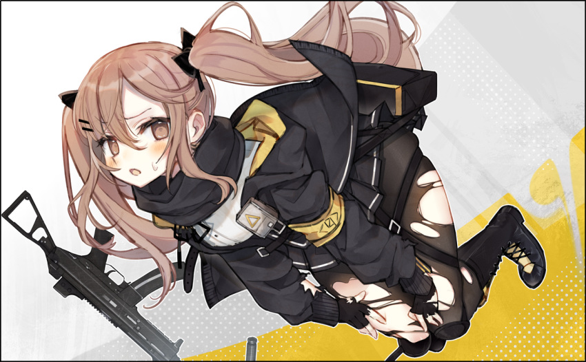 1girl armband bangs black_gloves black_jacket black_legwear black_scarf blush boots brown_eyes brown_hair eyebrows_visible_through_hair fingerless_gloves girls_frontline gloves gun h&amp;k_ump h&amp;k_ump9 hair_ornament hairclip jacket kawaii_rowa long_hair long_sleeves open_mouth scarf solo submachine_gun sweat torn_clothes torn_gloves torn_jacket torn_legwear twintails ump9_(girls_frontline) weapon