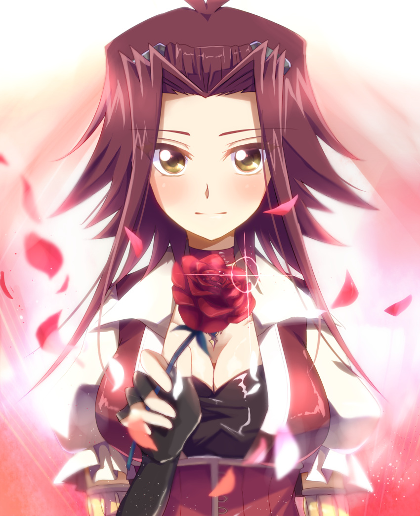 1girl black_gloves blush breasts cleavage closed_mouth elbow_gloves fingerless_gloves flower gloves hair_intakes highres holding holding_flower izayoi_aki long_hair looking_at_viewer medium_breasts petals red_flower red_hair red_rose rose short_sleeves smile solo spiked_hair upper_body yaharinaneanisu yellow_eyes yuu-gi-ou yuu-gi-ou_5d's