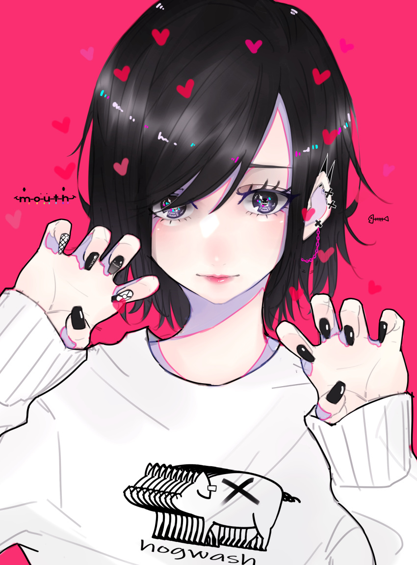 1girl absurdres black_eyes black_heart black_nails chain ear_piercing heart highres long_sleeves looking_at_viewer mano_aaa original piercing pig_print pink_background pink_heart red_lips short_hair solo sweater white_nails white_sweater