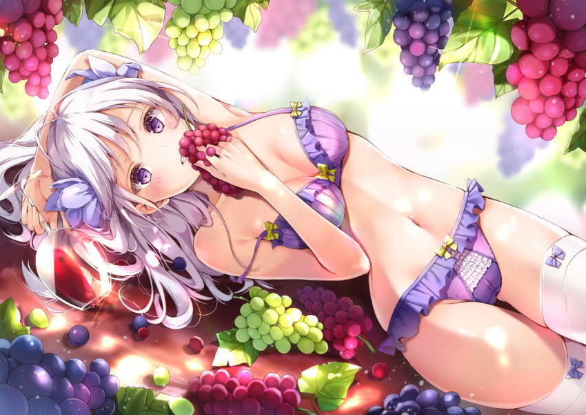 1girl absurdres alcohol arm_up armpits bare_arms bare_shoulders blurry blurry_background bra breasts cameltoe cleavage collarbone commentary_request crotch_seam cup depth_of_field drinking_glass dutch_angle flower food frills fruit grapes hair_flower hair_ornament hand_up highres holding holding_cup holding_food holding_fruit lingerie long_hair looking_at_viewer lying medium_breasts navel on_back original panties parted_lips purple_bra purple_eyes purple_panties silver_hair solo strap_slip thighhighs underwear underwear_only white_legwear wine wine_glass yoshida_iyo