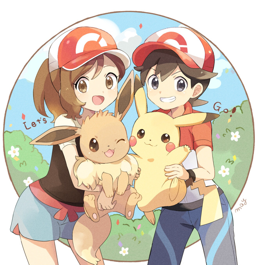 1boy 1girl :3 arms_up artist_name ayumi_(pokemon) bangs baseball_cap black_eyes black_hair black_shirt blue_pants blue_sky blush blush_stickers brown_eyes brown_hair bush closed_mouth cloud copyright_name day eevee english_text flat_chest flower gen_1_pokemon green_shorts grin happy hat highres holding holding_pokemon kakeru_(pokemon) legs_apart light_blush looking_at_viewer mei_(maysroom) open_mouth outdoors pants pawpads paws pikachu poke_ball_theme pokemon pokemon_(creature) pokemon_(game) pokemon_lgpe ponytail red_headwear red_shirt shirt short_hair short_shorts short_sleeves shorts side_slit signature sky smile teeth tied_hair white_flower wristband