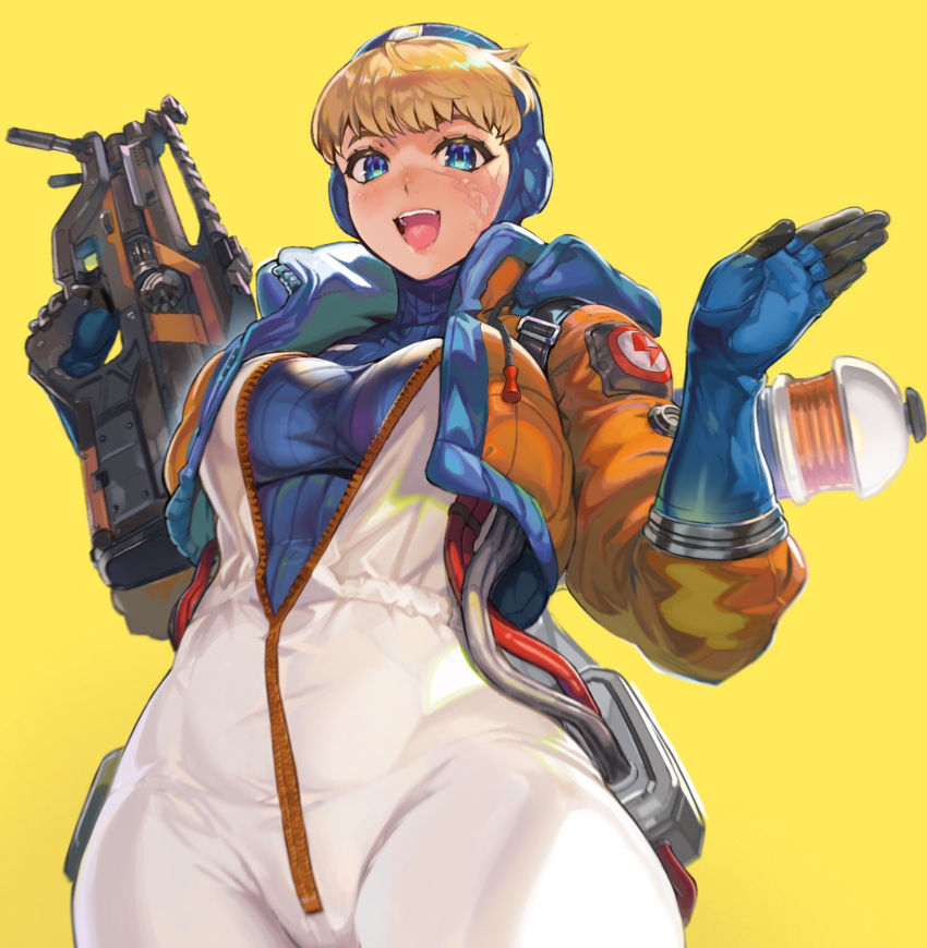 1girl apex_legends bangs blonde_hair blue_eyes blunt_bangs bodysuit breasts cropped_jacket eyebrows_visible_through_hair hand_up highres jacket large_breasts lichtenberg_figure long_sleeves looking_at_viewer ookuma_(nitroplus) open_clothes open_jacket open_mouth shiny shiny_hair short_hair simple_background smile solo standing thigh_strap wattson_(apex_legends) yellow_background zipper