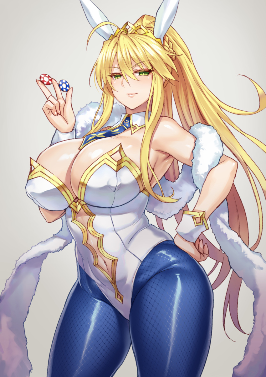 1girl ahoge animal_ears artoria_pendragon_(all) artoria_pendragon_(lancer) between_fingers blonde_hair blue_legwear blue_neckwear breasts bright_pupils bunny_ears bunnysuit center_opening cleavage closed_mouth covered_nipples cowboy_shot crown detached_collar fate/grand_order fate_(series) fishnet_pantyhose fishnets gold_trim green_eyes grey_background hair_between_eyes hand_on_hip highres huge_breasts leotard light_smile long_hair looking_at_viewer navel navel_cutout necktie pantyhose poker_chip ponytail sidelocks simple_background solo thighs very_long_hair wrist_cuffs zhen_lu