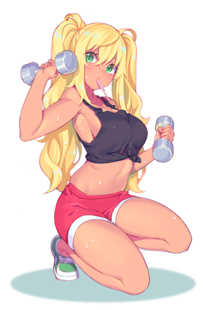 1girl absurdres blonde_hair breasts cleavage danberu_nan_kiro_moteru? dark_skin dumbbell exercise fiodo food food_in_mouth full_body green_eyes hair_between_eyes highres large_breasts long_hair midriff mouth_hold navel pocky sakura_hibiki_(danberu_nan_kiro_moteru?) shirt short_shorts shorts sidelocks solo squatting sweat tank_top tied_shirt twintails