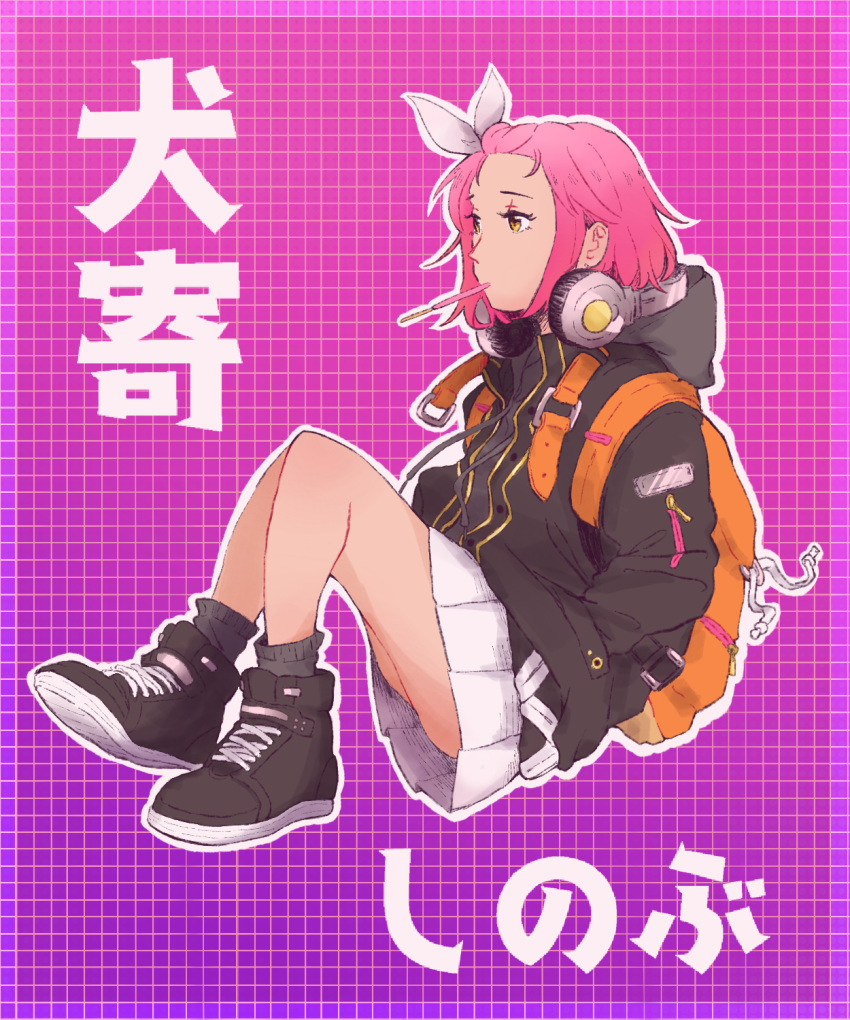 1girl backpack bag bangs_pinned_back black_footwear black_jacket black_legwear character_name d4dj drawstring grid_background hair_ribbon hands_in_pockets headphones headphones_around_neck highres inuyose_shinobu jacket knees_up long_hair miniskirt mouth_hold nori_neko_(skhm97616) outline pink_hair pleated_skirt purple_background ribbon shoes short_hair sitting skirt sneakers socks solo white_outline white_ribbon white_skirt yellow_eyes