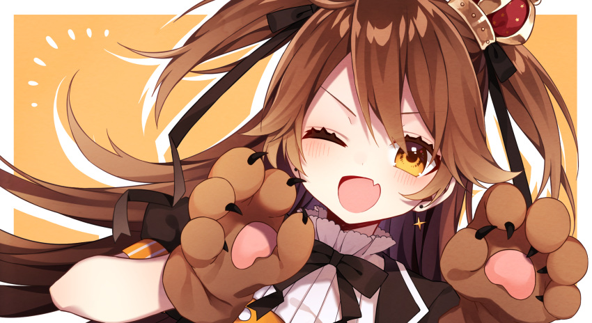 1girl ;d bangs black_neckwear blush brown_hair commentary_request crown drop_shadow earrings fang gloves hair_ribbon hazakura_chikori highres jewelry long_hair looking_at_viewer neck_ribbon notice_lines one_eye_closed open_mouth orange_background paw_gloves paws re:act ribbon shishigami_leona short_sleeves skin_fang smile solo two_side_up upper_body v-shaped_eyebrows virtual_youtuber yellow_eyes