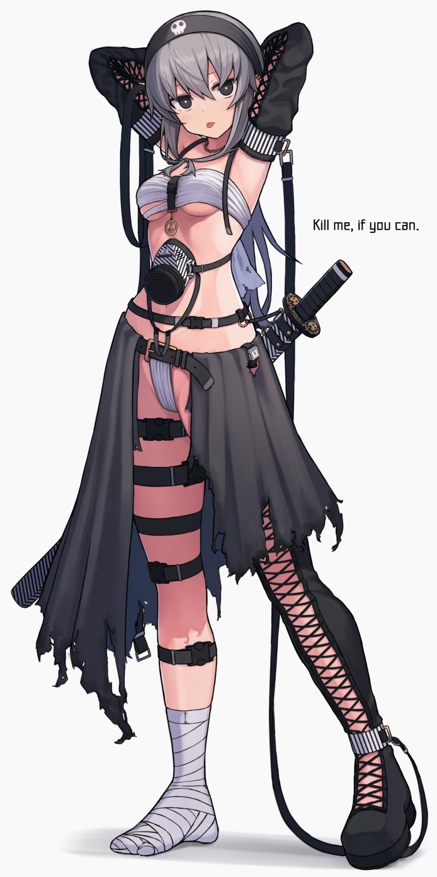 1girl arms_behind_head arms_up bandaged_feet bandaged_leg bandages bandeau belt belt_buckle black_belt black_footwear black_legwear black_skirt black_sleeves breasts buckle closed_mouth commentary detached_sleeves full_body grey_background grey_eyes grey_hair groin highres katana long_hair long_sleeves looking_at_viewer medium_breasts original shadow sheath sheathed simple_background single_thigh_boot skirt skull_print solo standing sword tongue tongue_out torn_clothes torn_skirt very_long_hair weapon white_bandeau wozora