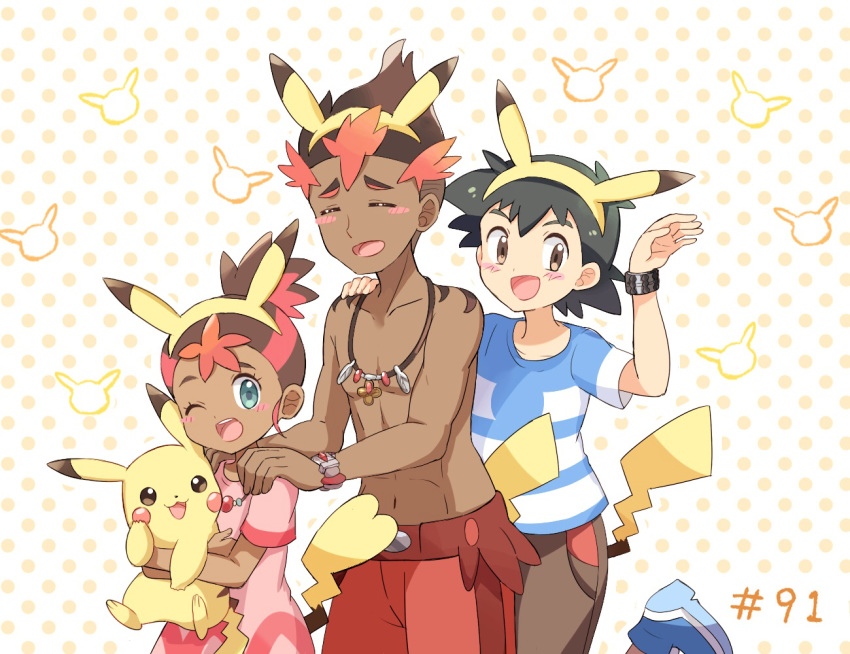 1girl 2boys :3 abs animal_ears aqua_eyes arm_up bangs black_hair blue_footwear blue_shirt blush blush_stickers brother_and_sister brown_eyes brown_hair brown_shorts child closed_eyes collarbone dark_skin dark_skinned_male dress episode_number fake_animal_ears fake_tail flat_chest gen_1_pokemon hairband hand_on_another's_shoulder hand_up hands_on_another's_shoulders happy holding holding_pokemon hoshi_(pokemon) jewelry kaki_(pokemon) leg_up looking_at_viewer looking_to_the_side mei_(maysroom) multicolored_hair multiple_boys navel necklace number one_eye_closed open_mouth orange_background pikachu pikachu_ears pikachu_tail pink_dress pokemon pokemon_(anime) pokemon_(creature) pokemon_ears pokemon_sm_(anime) polka_dot polka_dot_background red_hair red_shorts satoshi_(pokemon) shirt shirtless shoes short_hair short_sleeves shorts siblings simple_background smile standing standing_on_one_leg striped striped_shirt tail trial_captain two-tone_hair yellow_hairband