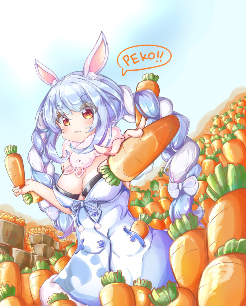 1girl :3 animal_ear_fluff animal_ears blue_hair blue_sky blush bow box braid breasts bunny_ears bunny_girl buttons carrot catchphrase cleavage closed_mouth eyebrows eyebrows_visible_through_hair giving hair_bow highres holding hololive kanami9731 long_braid looking_at_viewer medium_breasts multicolored_hair no_gloves outdoors pocket red_eyes scarf sky solo speech_bubble twin_braids two-tone_hair usada_pekora virtual_youtuber white_hair