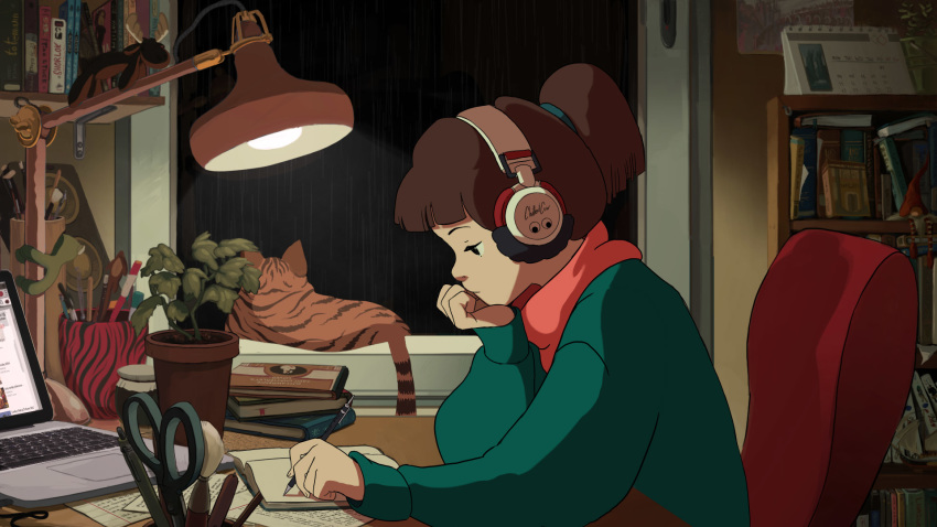 1girl bedroom book bookshelf brown_hair casual cat chin_rest commission computer desk from_side half-closed_eyes headphones highres juan_pablo_machado lamp laptop left-handed listening_to_music looking_down mechanical_pencil night open_book original pencil rain short_ponytail sitting solo_focus studying sweater turtleneck