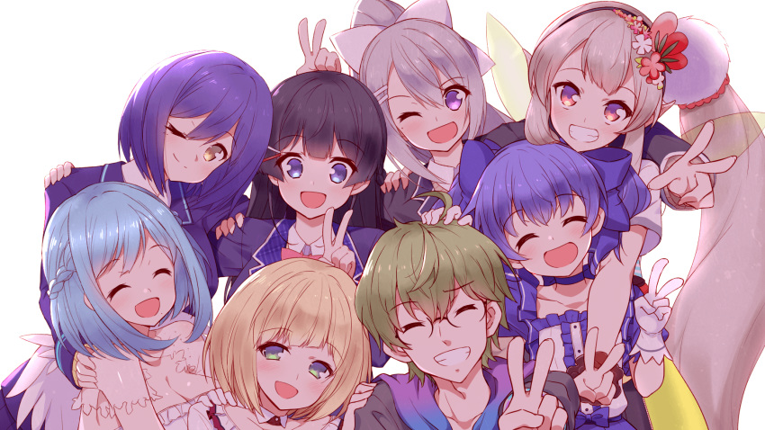 2boys 6+girls ahoge bangs black_hair black_jacket blazer blonde_hair blue_bow blue_eyes blue_hair blue_jacket blush bow braid breasts cleavage closed_eyes closed_mouth collarbone commentary detached_collar elf elu_(nijisanji) fairy_wings flower french_braid glasses gloves green_eyes green_hair grin hair_flower hair_ornament hairclip hand_on_another's_shoulder highres higuchi_kaede hoppege jacket large_breasts long_hair long_sleeves looking_at_viewer moira_(nijisanji) mole mole_under_eye mole_under_mouth multiple_boys multiple_girls nijisanji one_eye_closed open_mouth otoko_no_ko pink_bow pink_neckwear pointy_ears pom_pom_(clothes) ponytail puffy_short_sleeves puffy_sleeves purple_eyes red_eyes school_uniform see-through shibuya_hajime shizuka_rin short_hair short_sleeves silver_hair sleeveless smile strapless suzuya_aki tsukino_mito twintails upper_body v very_long_hair virtual_youtuber white_gloves wings yellow_eyes yuuki_chihiro