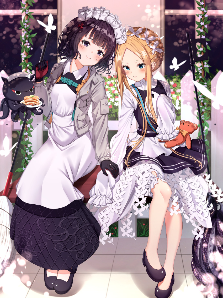 2girls abigail_williams_(fate/grand_order) absurdres alternate_costume animal apron bangs bench black_bow black_dress black_footwear black_gloves black_hair black_skirt blonde_hair blue_eyes blush bow braid breasts bug butterfly butterfly_hair_ornament closed_mouth collared_dress commentary_request dress enmaided fate/grand_order fate_(series) fence flower food forehead french_braid gloves grey_jacket hair_bow hair_ornament hands_together heart heroic_spirit_festival_outfit heroic_spirit_traveling_outfit highres huge_filesize indoors insect jacket katsushika_hokusai_(fate/grand_order) keyhole long_hair long_sleeves looking_at_viewer maid maid_headdress multiple_girls octopus open_clothes open_jacket orange_bow pancake parted_bangs plate polka_dot polka_dot_bow purple_eyes purple_hair red_flower revision shirt shoes short_hair sidelocks sitting skirt sleeveless sleeveless_dress sleeves_past_fingers sleeves_past_wrists smile stuffed_animal stuffed_toy suction_cups teddy_bear tentacles tokitarou_(fate/grand_order) very_long_hair white_apron white_dress white_flower white_shirt window xue_lu
