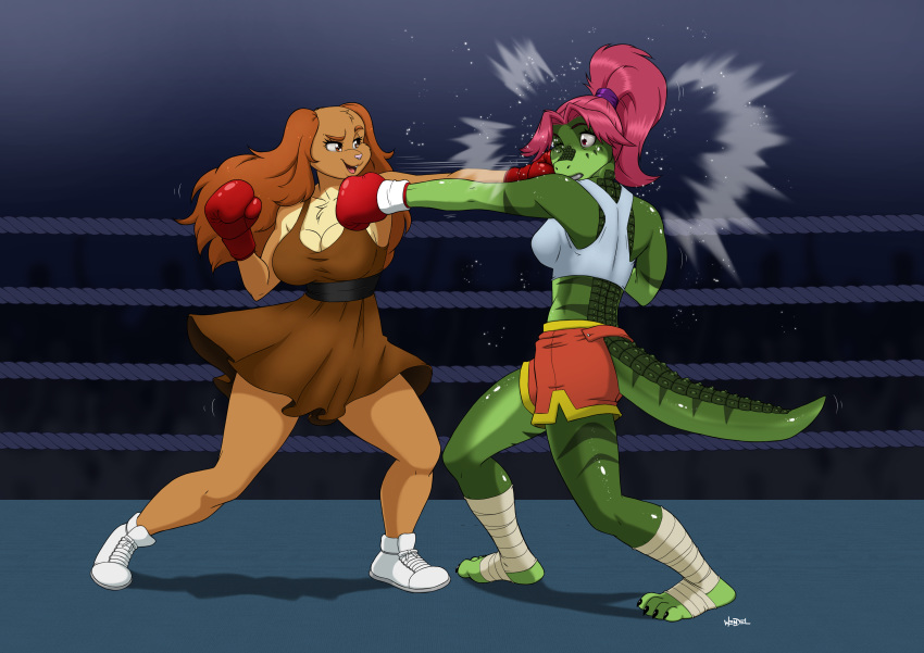 2019 4_toes absurd_res alligator alligatorid anthro bottomwear boxing boxing_gloves bra breasts brown_eyes brown_fur canid canine canis chest_tuft claws cleavage clothed clothing crocodilian dani_wheeler domestic_dog dress duo eyebrows eyelashes female fight fighting_ring fur green_scales green_skin hair handwear hi_res impact leg_wraps long_hair mammal mary_puppins midriff motion_lines mouthguard non-mammal_breasts one_eye_closed open_mouth open_smile pink_hair ponytail punch raised_eyebrow red_eyes reptile scales scalie shorts signature smile sneakers sport sports_bra toe_claws toes tuft underwear wendel_fragoso wraps