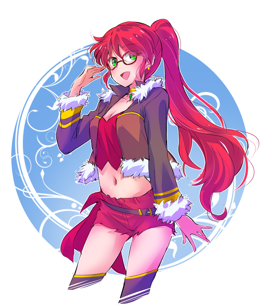 1girl absurdres alternate_costume belt casual choker commentary_request crop_top cropped_jacket fur_trim glasses green_eyes highres iesupa jacket long_hair midriff navel open_clothes open_jacket ponytail pyrrha_nikos red_hair rwby short_shorts shorts solo