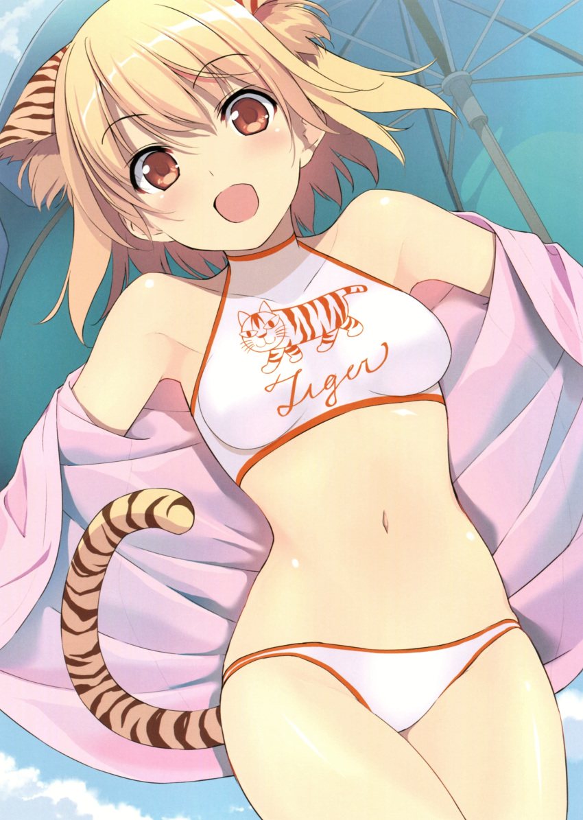 1girl :d absurdres animal_ears armpits bangs bare_shoulders bikini blonde_hair blush breasts cloud collarbone cowboy_shot day fumio_(ura_fmo) halterneck highres jacket looking_at_viewer medium_breasts navel off_shoulder open_clothes open_jacket open_mouth orange_eyes pink_jacket scan short_hair smile solo swimsuit tail tiger_ears tiger_girl tiger_tail toranoana umbrella white_bikini