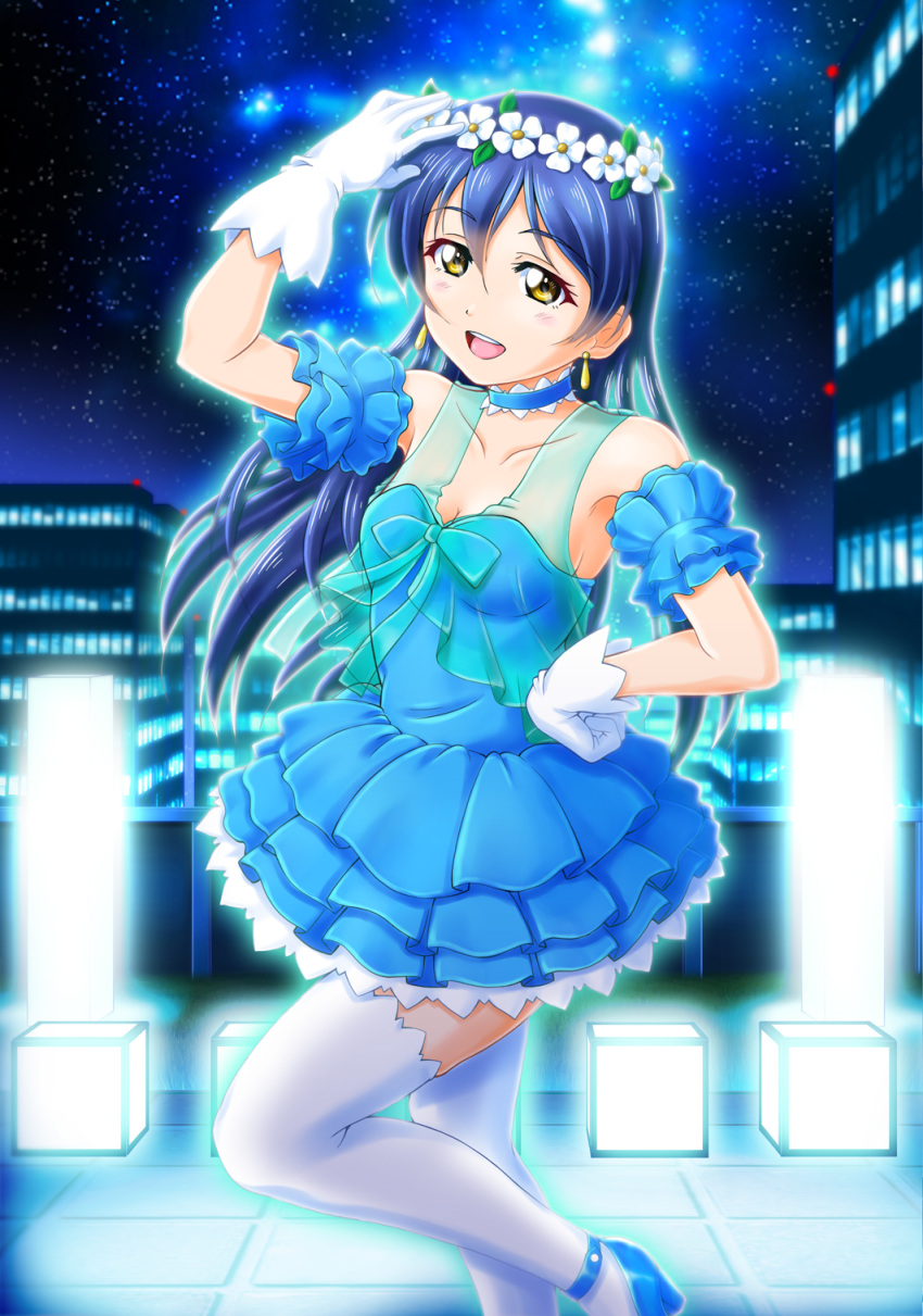 1girl bangs bare_shoulders blue_hair blush choker commentary_request dress earrings flower gloves hair_between_eyes hair_ornament hand_on_hip hand_up head_wreath highres hiramitsu_asagi jewelry long_hair looking_at_viewer love_live! love_live!_school_idol_project night night_sky open_mouth outdoors sky smile solo sonoda_umi star_(sky) starry_sky thighhighs white_gloves white_legwear yellow_eyes yume_no_tobira