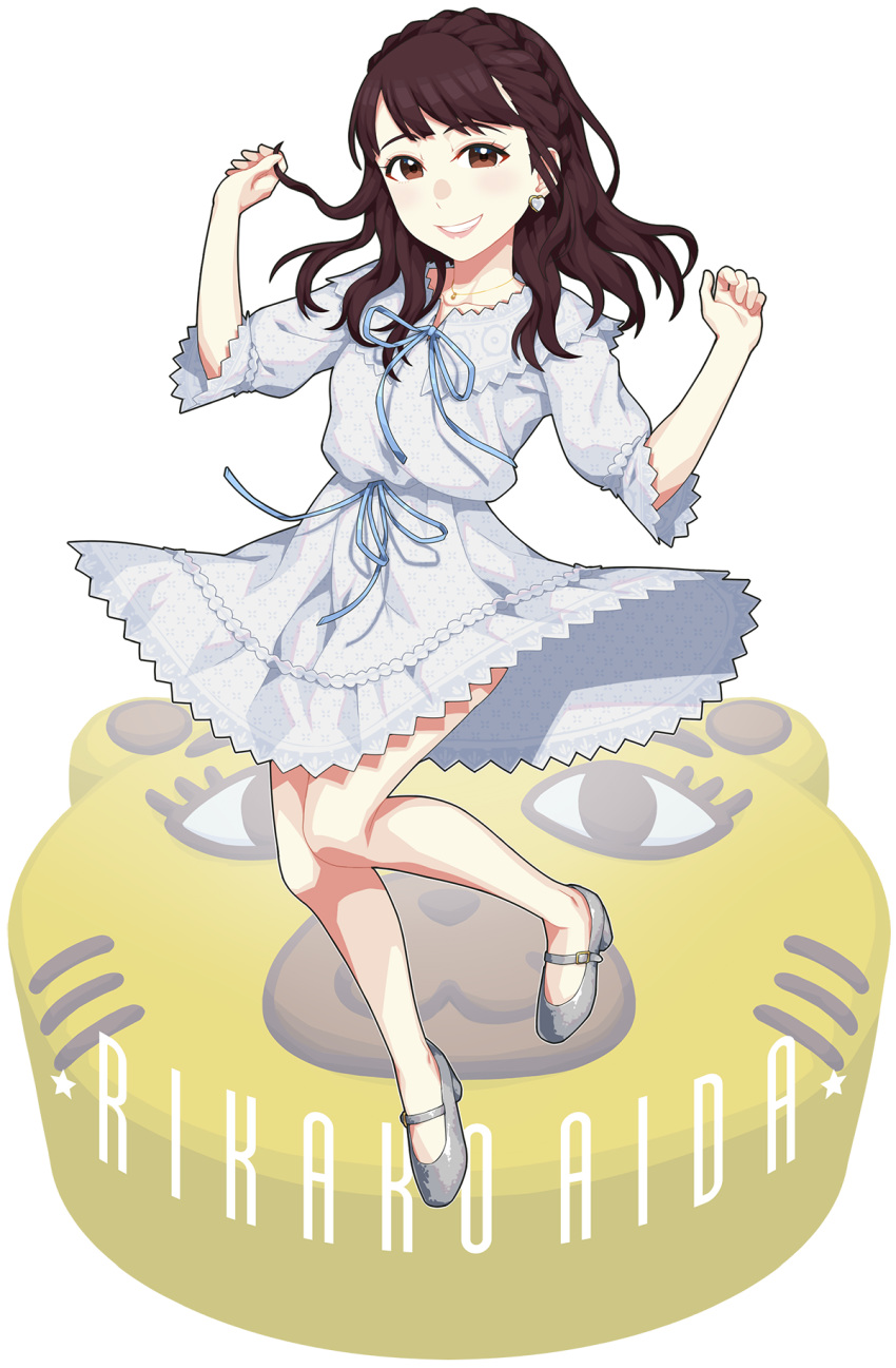 1girl :d aida_rikako bangs black_hair blue_ribbon braid brown_eyes character_name chu_kai_man commentary_request crown_braid dress earrings full_body grey_footwear heart heart_earrings highres jewelry long_sleeves love_live! love_live!_sunshine!! open_mouth pendant playing_with_own_hair print_dress real_life ribbon seiyuu smile solo transparent_background unmoving_pattern white_dress