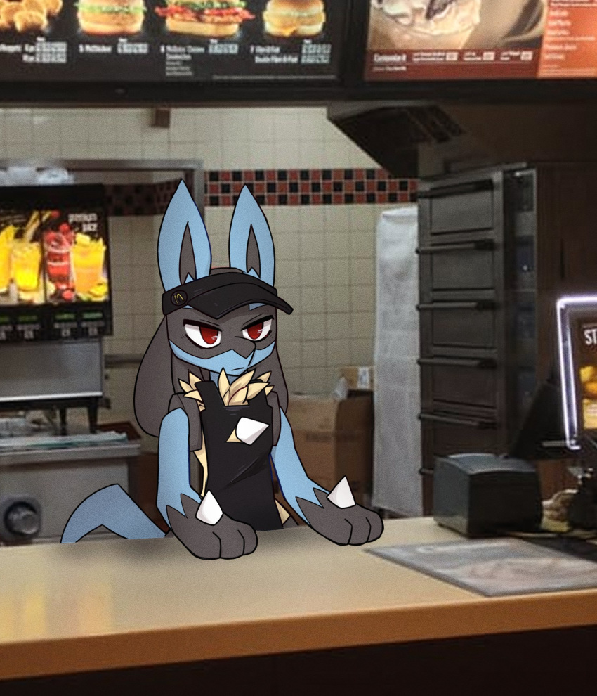 ambiguous_gender anthro blue_fur canid canine detailed_background edit fur hi_res humor loppifi lucario mammal mcdonald's nintendo pok&eacute;mon pok&eacute;mon_(species) real red_eyes shopped solo video_games