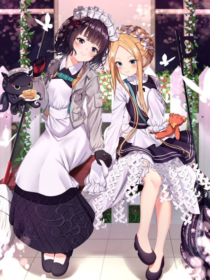 2girls abigail_williams_(fate/grand_order) absurdres alternate_costume animal apron bangs bench black_bow black_dress black_footwear black_gloves black_hair black_skirt blonde_hair blue_eyes blush bow braid breasts bug butterfly butterfly_hair_ornament closed_mouth collared_dress commentary_request dress enmaided fate/grand_order fate_(series) fence flower food forehead french_braid gloves grey_jacket hair_bow hair_ornament hands_together heart heroic_spirit_festival_outfit heroic_spirit_traveling_outfit highres huge_filesize indoors insect jacket katsushika_hokusai_(fate/grand_order) keyhole long_hair long_sleeves looking_at_viewer maid maid_headdress multiple_girls octopus open_clothes open_jacket orange_bow pancake parted_bangs plate polka_dot polka_dot_bow purple_eyes purple_hair red_flower shirt shoes short_hair sidelocks sitting skirt sleeveless sleeveless_dress sleeves_past_fingers sleeves_past_wrists smile stuffed_animal stuffed_toy suction_cups teddy_bear tentacles tokitarou_(fate/grand_order) very_long_hair white_apron white_dress white_flower white_shirt window xue_lu