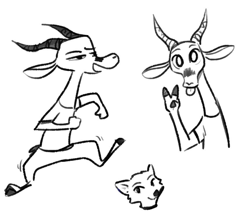 2019 ambiguous_gender antelope anthro bovid canid canine cheek_tuft clothed clothing dancing facial_markings fuel_(artist) fuel_(character) gazelle gesture greyscale half-closed_eyes head_markings head_tuft horn looking_at_viewer mammal markings monochrome motion_lines open_mouth open_smile simple_background sketch_page smile solo taylor_(fuel) tongue tongue_out tuft v_sign white_background