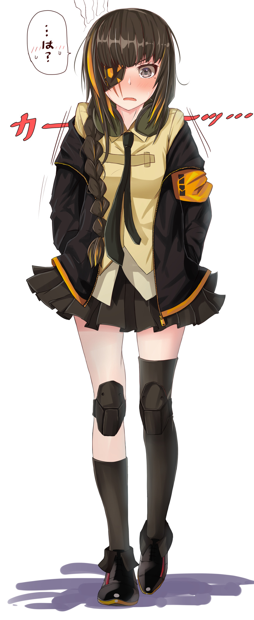 1girl absurdres asymmetrical_legwear black_footwear black_jacket black_legwear black_neckwear black_skirt blush braided_ponytail commentary_request eyebrows_visible_through_hair eyepatch full_body girls_frontline hands_in_pockets headphones headphones_around_neck highres jacket kahlua_(artist) knee_pads looking_at_viewer m16a1_(girls_frontline) mole mole_under_eye multicolored_hair necktie pleated_skirt ponytail scar scar_across_eye simple_background skirt solo speech_bubble streaked_hair sweatdrop thighhighs translation_request white_background zettai_ryouiki