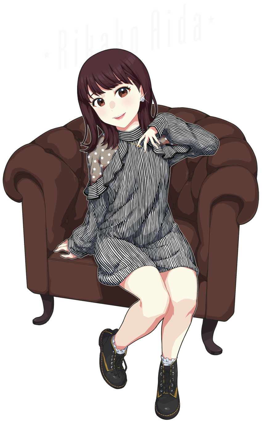 1girl :d aida_rikako armchair bangs black_footwear black_hair brown_eyes chair character_name chu_kai_man commentary_request dress earrings highres jewelry long_hair long_sleeves love_live! love_live!_sunshine!! open_mouth outline pendant real_life seiyuu shoes sitting smile socks solo sparkle striped transparent_background vertical-striped_dress vertical_stripes white_legwear white_outline