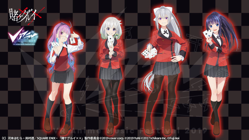 4girls ahoge alternate_costume aoi_ch. arm_under_breasts bangs black_legwear blue_hair blunt_bangs bow braid breasts brown_footwear buttons card checkered checkered_background collaboration copyright copyright_name cosplay costume_switch crossover dated eyepatch fuji_aoi full_body hair_bow hand_on_hip highres higuchi_kaede holding holding_card hololive ikishima_midari ikishima_midari_(cosplay) jabami_yumeko jabami_yumeko_(cosplay) kakegurui knees logo long_hair long_ponytail looking_at_viewer medium_breasts medium_hair minato_aqua miniskirt momobami_kirari momobami_kirari_(cosplay) multicolored_hair multiple_girls nijisanji official_art open_mouth pantyhose playing_card ponytail purple_eyes purple_hair saotome_meari saotome_meari_(cosplay) school_uniform shoes single_braid skirt smile socks standing sweater_vest teeth thighs two-tone_hair very_long_hair virtual_youtuber watermark white_hair white_headwear yuni_(yuni_channel) yuni_channel