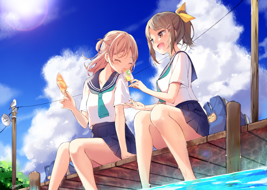 2girls :d ^_^ aqua_neckwear bag bag_charm bangs bird blush brown_eyes brown_hair charm_(object) closed_eyes cloud commentary_request cupping_hand day food hair_ornament hairpin hat hazuki_natsu highres miniskirt multiple_girls navy_blue_skirt neckerchief open_mouth original outdoors pleated_skirt ponytail popsicle school_bag sharing_food short_sleeves sidelocks skirt smile soaking_feet telephone_pole twitter_username water