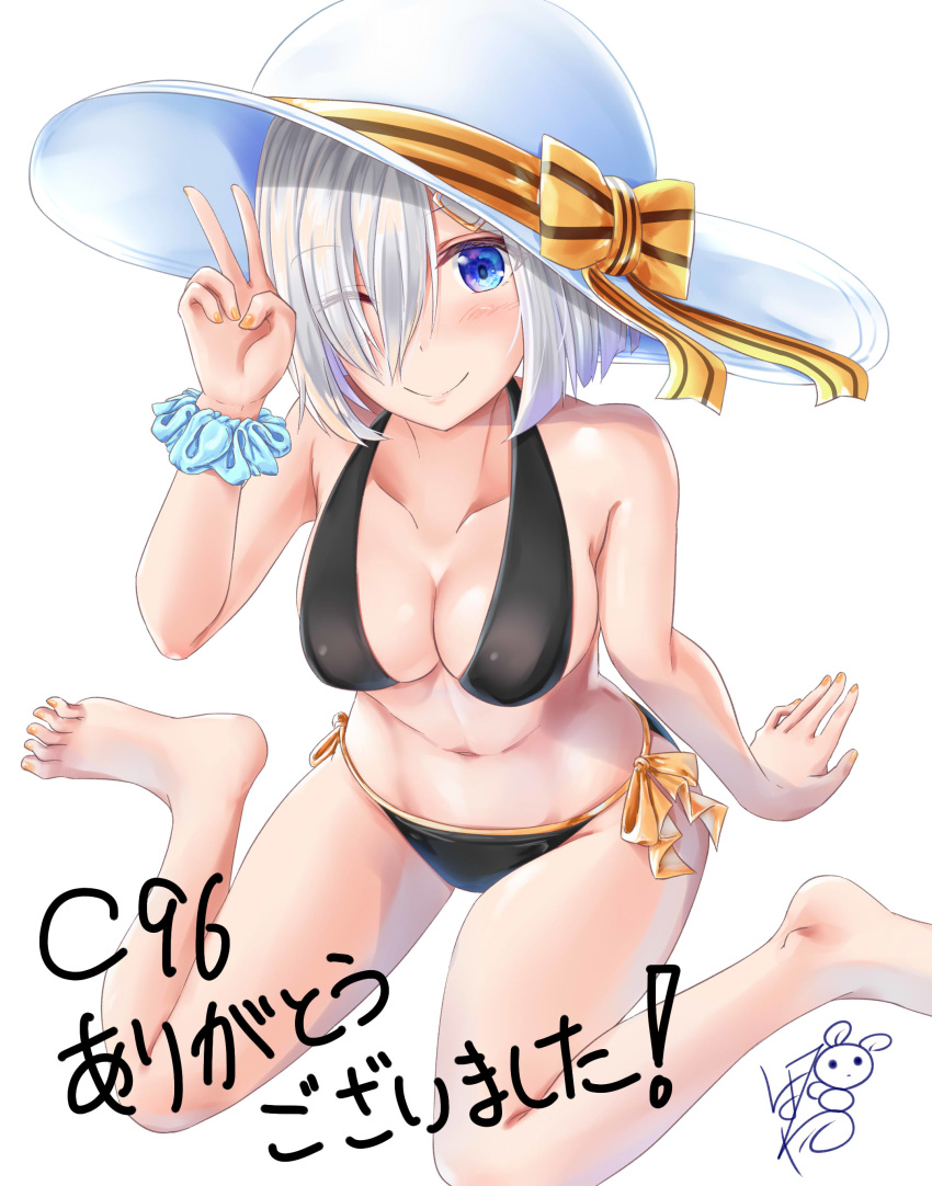 1girl absurdres aqua_scrunchie ayakase_hotaru barefoot bikini black_bikini blue_eyes commentary_request cover cover_page doujin_cover eyes_visible_through_hair full_body hair_ornament hair_over_one_eye hairclip hamakaze_(kantai_collection) hat highres kantai_collection looking_at_viewer one_eye_closed scrunchie short_hair signature silver_hair simple_background sitting smile solo sun_hat swimsuit translation_request wariza white_background white_headwear wrist_scrunchie