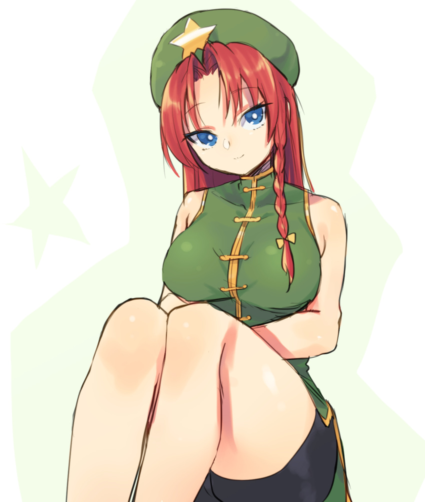 1girl bangs beret bike_shorts black_shorts blue_eyes braid bright_pupils busujima_funya china_dress chinese_clothes closed_mouth commentary dress eyebrows_visible_through_hair green_dress green_headwear hair_ribbon hands_on_lap hat head_tilt high_collar highres hong_meiling legs long_hair looking_at_viewer medium_dress orange_ribbon parted_bangs red_hair ribbon shorts shorts_under_dress side_braid side_slit sitting sleeveless sleeveless_dress smile solo star_hat_ornament touhou white_pupils