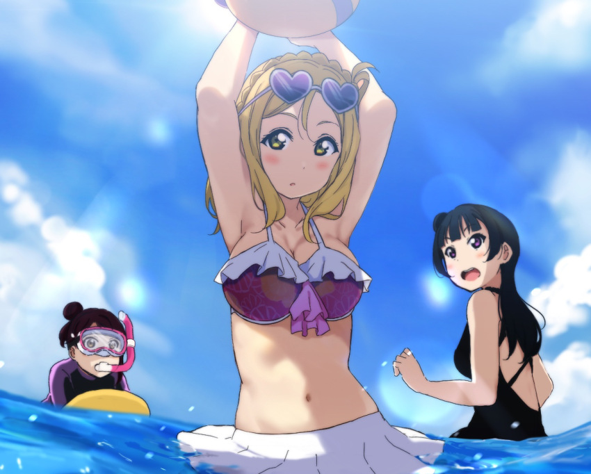 3girls :o alternate_hairstyle armpits arms_up ball bangs beachball bikini_skirt blonde_hair blue_hair blush braid breasts crown_braid day diving_suit eyewear_on_head goggles guilty_kiss_(love_live!) hair_bun hair_rings hair_up heart heart-shaped_eyewear holding holding_ball icehotmilktea inflatable_toy love_live! love_live!_sunshine!! multiple_girls ohara_mari one-piece_swimsuit outdoors purple_eyes sakurauchi_riko side_bun sunglasses swimming swimsuit tsushima_yoshiko v-shaped_eyebrows wading water yellow_eyes