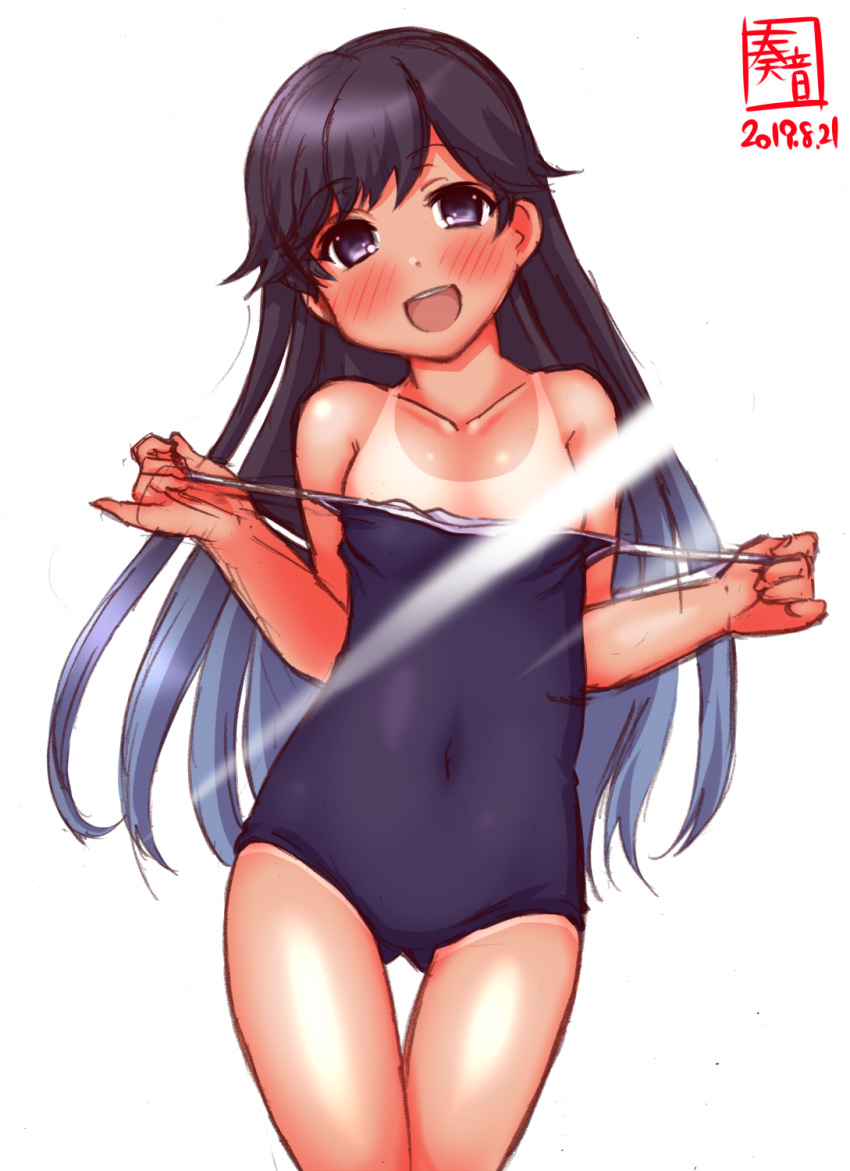 1girl alternate_costume artist_logo ass_visible_through_thighs black_eyes black_hair blue_swimsuit collarbone commentary_request competition_school_swimsuit convenient_censoring covered_navel cowboy_shot dated flat_chest gradient_hair grey_hair highres i-400_(kantai_collection) kanon_(kurogane_knights) kantai_collection light_ray long_hair looking_at_viewer multicolored_hair open_mouth school_swimsuit simple_background smile solo standing swimsuit swimsuit_pull thigh_gap upper_teeth white_background