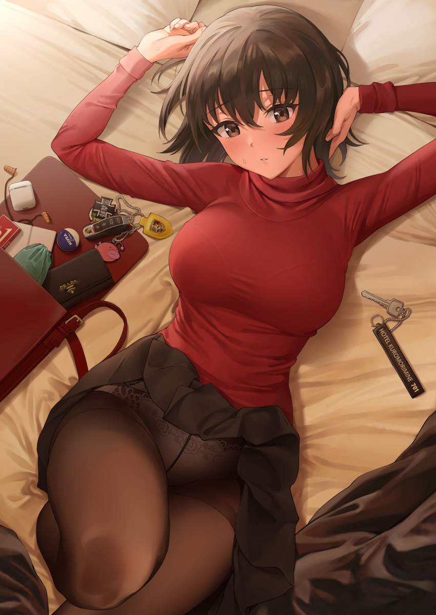 1girl absurdres ameyame bag bangs black_skirt blush bra_through_clothes breasts brown_hair brown_legwear eyebrows_visible_through_hair handbag hands_up highres key knee_up large_breasts long_sleeves looking_at_viewer on_bed original panties panties_under_pantyhose pantyhose porsche red_shirt shirt short_hair sidelocks skirt solo sweatdrop turtleneck underwear white_panties