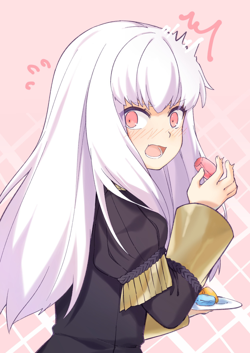 1girl absurdres bangs blush candy epaulettes fire_emblem fire_emblem:_three_houses food highres jacket long_hair long_sleeves looking_at_viewer lysithea_von_ordelia open_mouth pink_eyes purple_eyes simple_background solo transistor uniform upper_body white_background white_hair