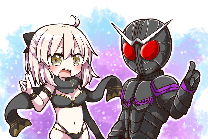 1girl :d absurdres bangs bikini black_bikini black_bow black_scarf blonde_hair blush bow breasts brown_eyes cleavage commentary_request crossover eyebrows_visible_through_hair fate/grand_order fate_(series) hair_between_eyes hair_bow highleg highleg_bikini highres jako_(jakoo21) kamen_rider kamen_rider_joker kamen_rider_w layered_bikini navel okita_souji_(fate)_(all) okita_souji_(swimsuit_assassin)_(fate) open_mouth pointing pointing_at_viewer round_teeth scarf small_breasts smile swimsuit teeth upper_teeth wristband