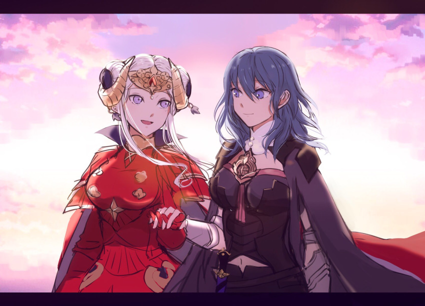 2girls armor blonde_hair blue_eyes breasts byleth_(fire_emblem) byleth_(fire_emblem)_(female) cape closed_mouth couple doku_ringo36 edelgard_von_hresvelg fire_emblem fire_emblem:_three_houses gloves hair_ornament highres horns long_hair multiple_girls pantyhose red_cape short_hair simple_background smile upper_body yuri