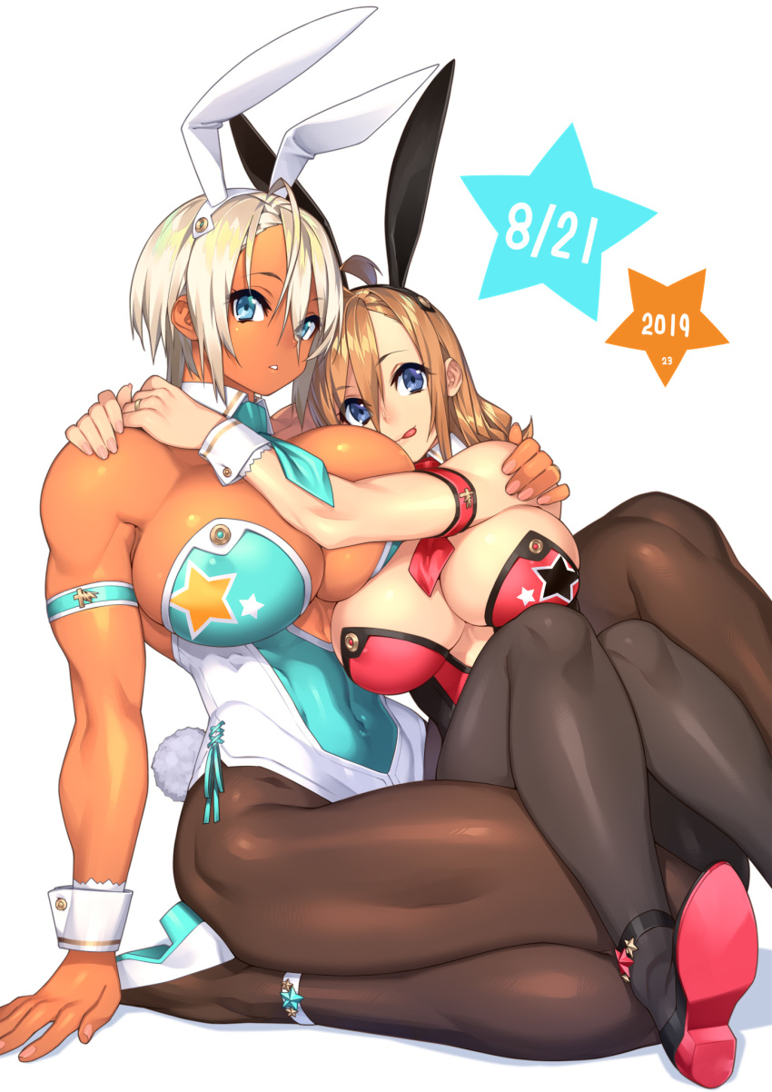 23_(real_xxiii) 2girls :p ahoge ahoge_girl_(23) animal_ears aqua_neckwear armband bangs bare_shoulders black_legwear blue_eyes breasts brown_hair brown_legwear bunny_day bunny_ears bunny_tail bunnysuit commentary_request covered_navel dark-skinned_girl_(23) dark_skin dated detached_collar eyebrows_visible_through_hair eyes_visible_through_hair fake_animal_ears hair_between_eyes hand_on_another's_shoulder high_heels highres hug huge_breasts jewelry large_breasts long_hair looking_at_viewer mini_necktie multiple_girls muscle muscular_female original pantyhose parted_lips platinum_blonde_hair red_neckwear ring seiza short_hair simple_background sitting sitting_on_lap sitting_on_person star tail thighs tongue tongue_out wedding_band white_background wife_and_wife wrist_cuffs yuri