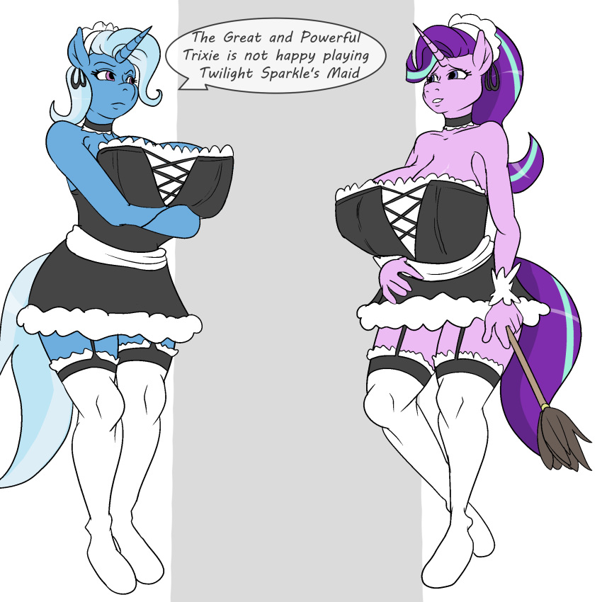 1:1 big_breasts breasts cleavage clothed clothing dialogue duo feather_duster female friendship_is_magic garter_straps hi_res maid_uniform my_little_pony skyearts starlight_glimmer_(mlp) trixie_(mlp) uniform