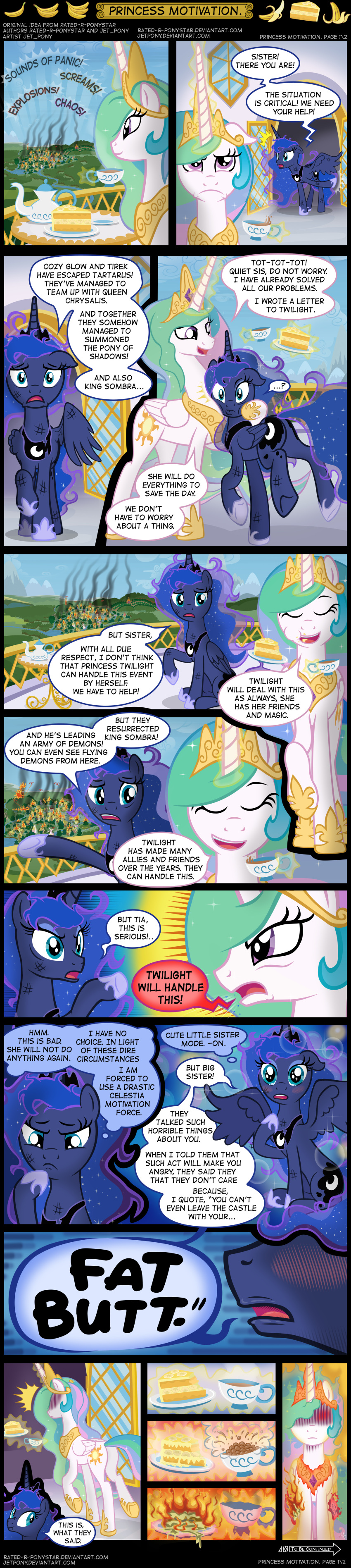 absurd_res cake comic equid female feral fire food friendship_is_magic hi_res horn jetpony mammal my_little_pony princess_celestia_(mlp) princess_luna_(mlp) sibling sister sisters superabsurd_res winged_unicorn wings wounded