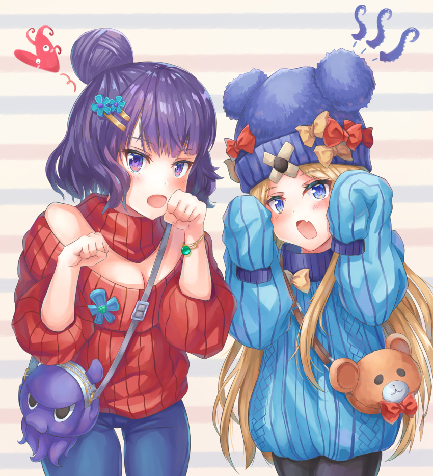 2girls abigail_williams_(fate/grand_order) animal_bag animal_ears animal_hat bad_anatomy bag bangle bangs bare_shoulders bear_ears bear_hat black_legwear blonde_hair blue_eyes blue_hat blue_pants blue_sweater blush bow bracelet breasts casual cleavage collar commentary_request cowboy_shot denim detached_collar eyebrows_visible_through_hair fang fate/grand_order fate_(series) hands_up hat hat_bow head_tilt heart highres jeans jewelry jiang_shennong katsushika_hokusai_(fate/grand_order) long_hair long_sleeves medium_breasts multiple_girls off-shoulder_sweater open_mouth orange_bow pants pantyhose parted_bangs puffy_long_sleeves puffy_sleeves purple_eyes purple_hair red_bow red_collar red_sweater shoulder_bag sleeves_past_fingers sleeves_past_wrists striped striped_background sweater tentacle tokitarou_(fate/grand_order) turtleneck very_long_hair