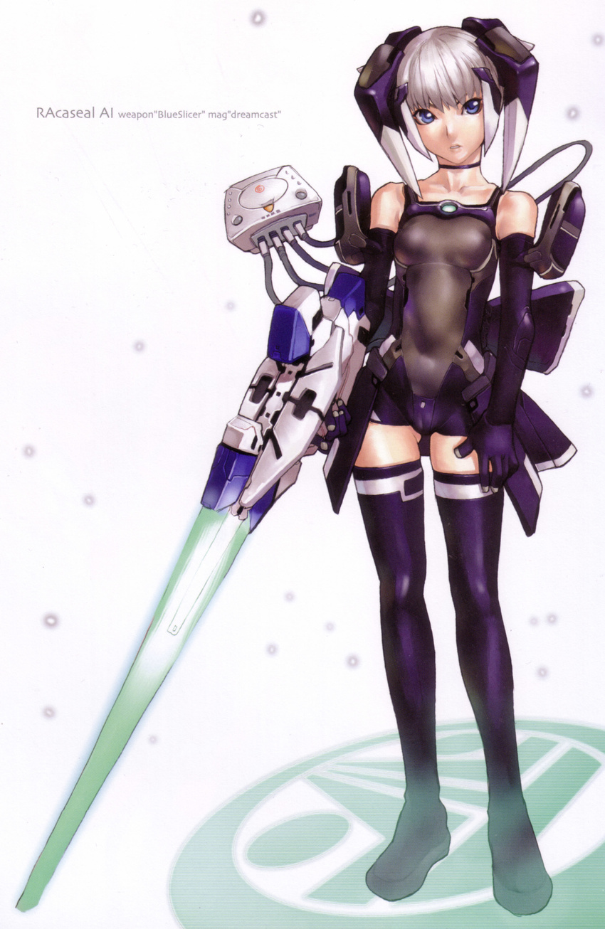 absurdres android ass_visible_through_thighs blue_eyes blue_legwear bodysuit boots bow cameltoe choker collarbone elbow_gloves energy_sword executioner's_sword flat_chest full_body game_console gloves gun hakua_ugetsu hands highres legs lips mag_(phantasy_star) phantasy_star phantasy_star_online racaseal scan sega_dreamcast short_hair silver_hair skin_tight solo standing sword text_focus thigh_boots thighhighs weapon white_background white_hair zettai_ryouiki