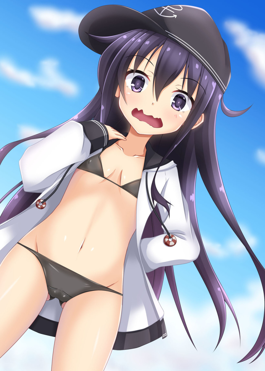 1girl akatsuki_(kantai_collection) anchor anchor_symbol ass_visible_through_thighs bikini black_bikini black_swimsuit blush cloud cloudy_sky collarbone cosplay covered_navel cowboy_shot embarrassed eyebrows_visible_through_hair flat_cap flat_chest hair_between_eyes hat highres hood hooded_jacket ichininmae_no_lady jacket kantai_collection long_hair long_sleeves looking_at_viewer messy_hair open_clothes open_jacket open_mouth outdoors purple_eyes purple_hair sky smile solo standing swimsuit swimsuit_under_clothes wavy_mouth white_jacket yukikaze_(kantai_collection) yukikaze_(kantai_collection)_(cosplay) yuuki_miyabi