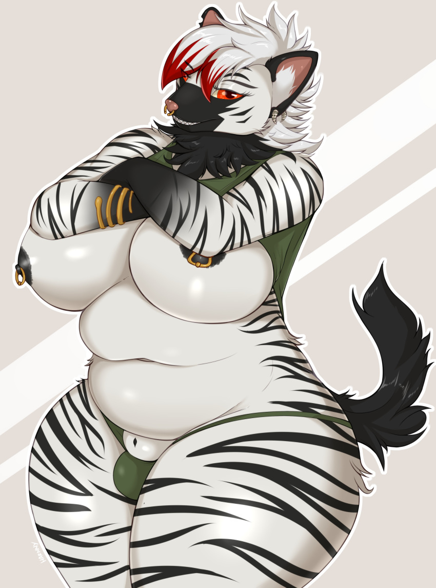 absurd_res animal_genitalia anthro big_breasts breasts bulge clothing crossed_arms gynomorph harnny hi_res hyaenid intersex looking_at_viewer mammal nipple_piercing nipples overweight overweight_gynomorph overweight_intersex piercing sheath shirt_up smile solo standing striped_hyena underwear