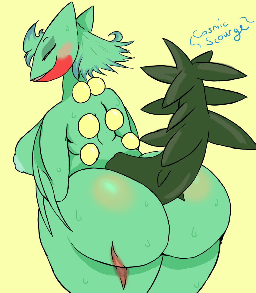 2019 absurd_res anthro areola big_breasts big_butt blush bodily_fluids breasts butt cosmicscourge eyes_closed fan_character female hi_res huge_butt inverted_nipples looking_at_viewer looking_back mature_female nintendo nipples overweight overweight_female pok&eacute;mon pok&eacute;mon_(species) presenting presenting_hindquarters scar sceptile short_stack slightly_chubby smile solo sweat thick_thighs video_games voluptuous wide_hips