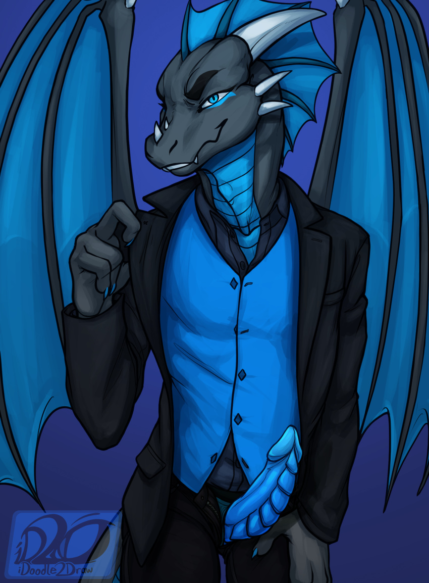 2019 4_fingers animal_genitalia animal_penis anthro arc bedroom_eyes black_scales blue_background blue_countershading blue_eyes blue_penis blue_scales bottomwear button-up claws clothed clothing countershade_tail countershade_torso countershading crest dragon erection fingers frill_(anatomy) front_view genital_slit gradient_background grey_scales half-closed_eyes hand_on_leg head_frill hi_res horn idoodle2draw inviting jeans looking_at_viewer male manly membrane_(anatomy) membranous_frill membranous_wings overshirt pants penis penis_through_fly pinup poking_out portrait pose presenting presenting_penis purple_background ribbed_penis ridged_penis scales scalie seductive sharp_teeth shirt signature simple_background slit smile smirk solo spikes standing suit teasing teeth topwear unbuttoned underwear undressing unzipped vest wings