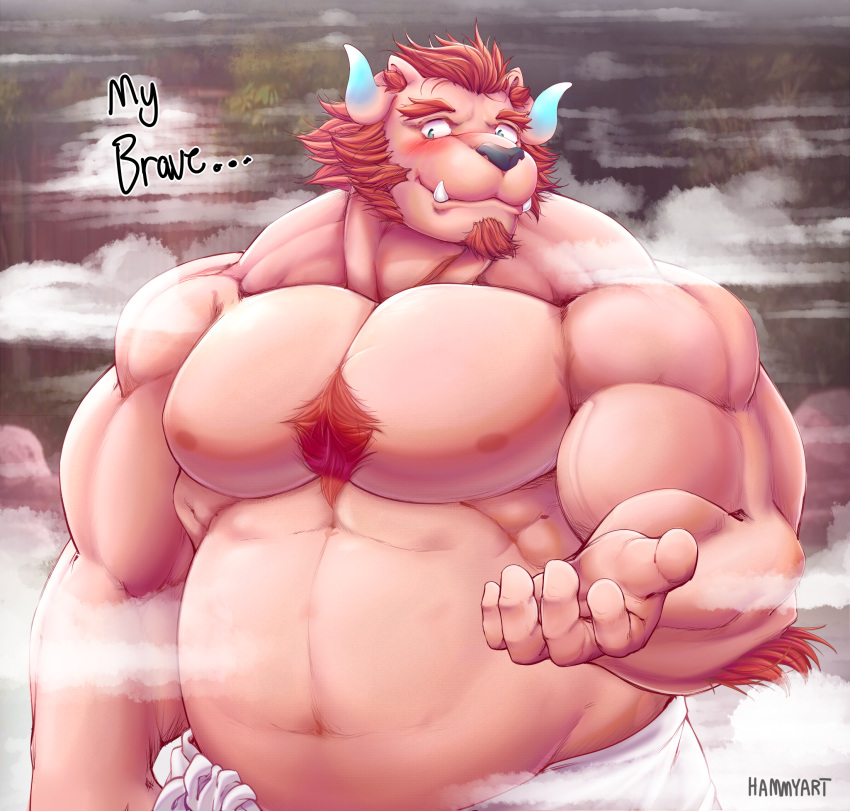 bath beard belly blush body_hair chernobog chest_hair daily-incineroar demon facial_hair fur hairy hi_res horn male musclegut muscular muscular_male mustache navel nipples overweight pecs pink_fur reaching_towards_viewer steam tokyo_afterschool_summoners towel tusks video_games