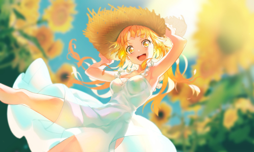 1girl :d absurdres armpits bang_dream! bangs blonde_hair blurry blurry_background breasts commentary_request day dress flower hands_on_headwear hat highres izu_(izzzzz27) long_hair looking_at_viewer medium_breasts no_panties open_mouth outdoors pussy see-through see-through_silhouette sleeveless sleeveless_dress smile solo straw_hat summer sun_hat sundress sunflower tsurumaki_kokoro yellow_eyes