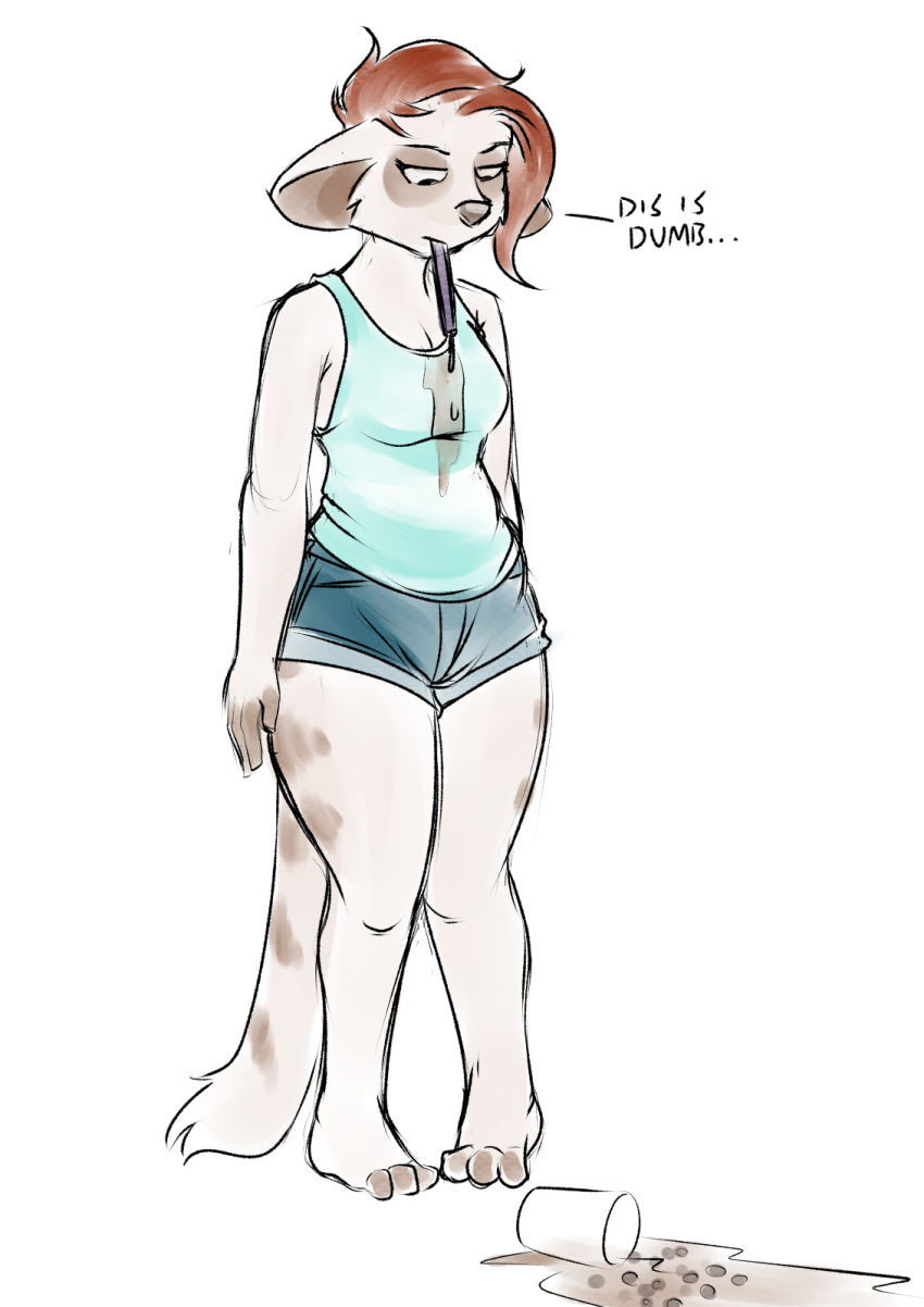 2019 annoyed anthro barefoot bottomwear breasts brown_hair clothing dialogue drinking_straw female hair halcy0n haley_the_meerkat herpestid hi_res mammal meerkat shirt short_hair shorts simple_background solo spilled_drink standing tank_top topwear wet wet_clothing white_background