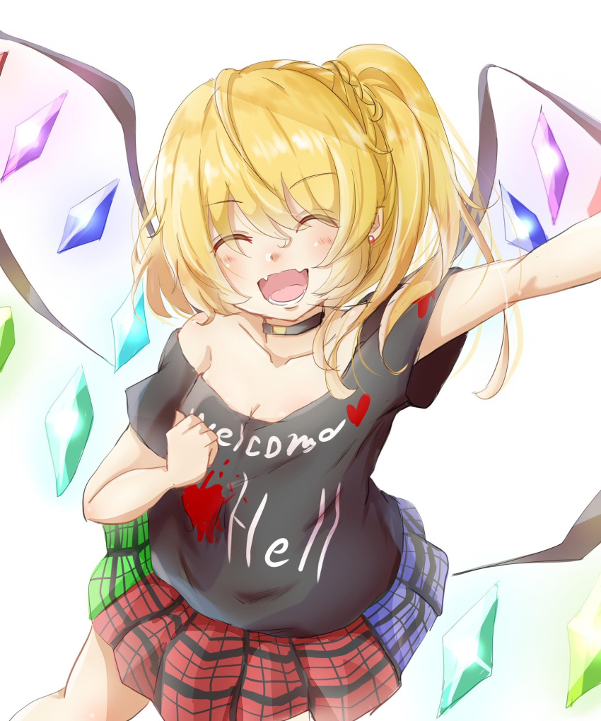 1girl :d ^_^ arm_up bangs bare_shoulders black_choker black_shirt blonde_hair blue_skirt breasts choker cleavage clenched_hand closed_eyes clothes_writing commentary_request cosplay cowboy_shot crystal ear_piercing eyebrows_visible_through_hair facing_viewer fangs flandre_scarlet green_skirt gumi_(fwjn7284) hair_between_eyes hand_on_own_chest heart hecatia_lapislazuli hecatia_lapislazuli_(cosplay) highres long_hair miniskirt multicolored multicolored_clothes multicolored_skirt no_hat no_headwear off-shoulder_shirt off_shoulder one_side_up open_mouth piercing plaid plaid_skirt pleated_skirt red_skirt shirt short_sleeves simple_background skin_fangs skirt smile solo t-shirt touhou white_background wings